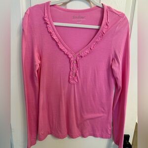Lilly Pulitzer Vibrant Pink Ruffle V-Neck Long Sleeved Top EUC Size M